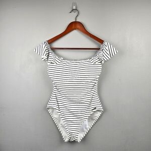 VINCE‎ CAMUTO SWIM One-Piece Off Shoulders Bathing Suit Striped Black White Sz 6